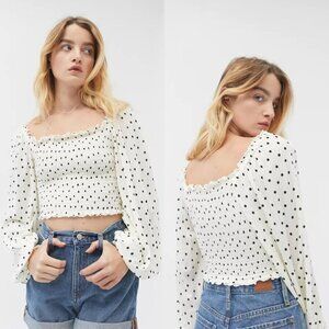 Urban Outfitters White Black Polka Dot Ryan Smocked Square Neck Top